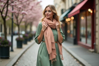 Femme en robe verte et foulard dans une rue parisienne