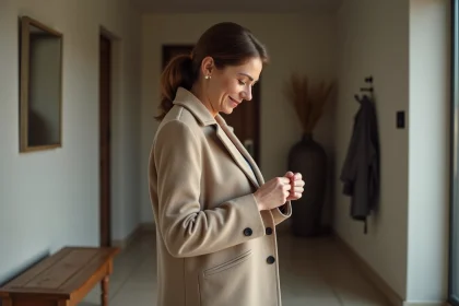 Femme en manteau en laine dans un hall moderne