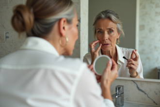 Femme de 50 ans se maquillant dans sa salle de bain