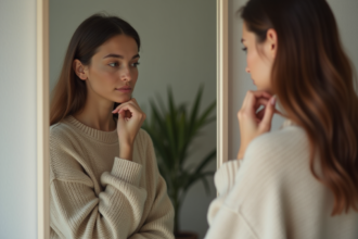 Femme regardant son reflet dans un miroir moderne