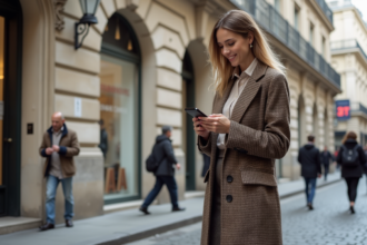 Femme élégante vérifiant son programme mode à Paris