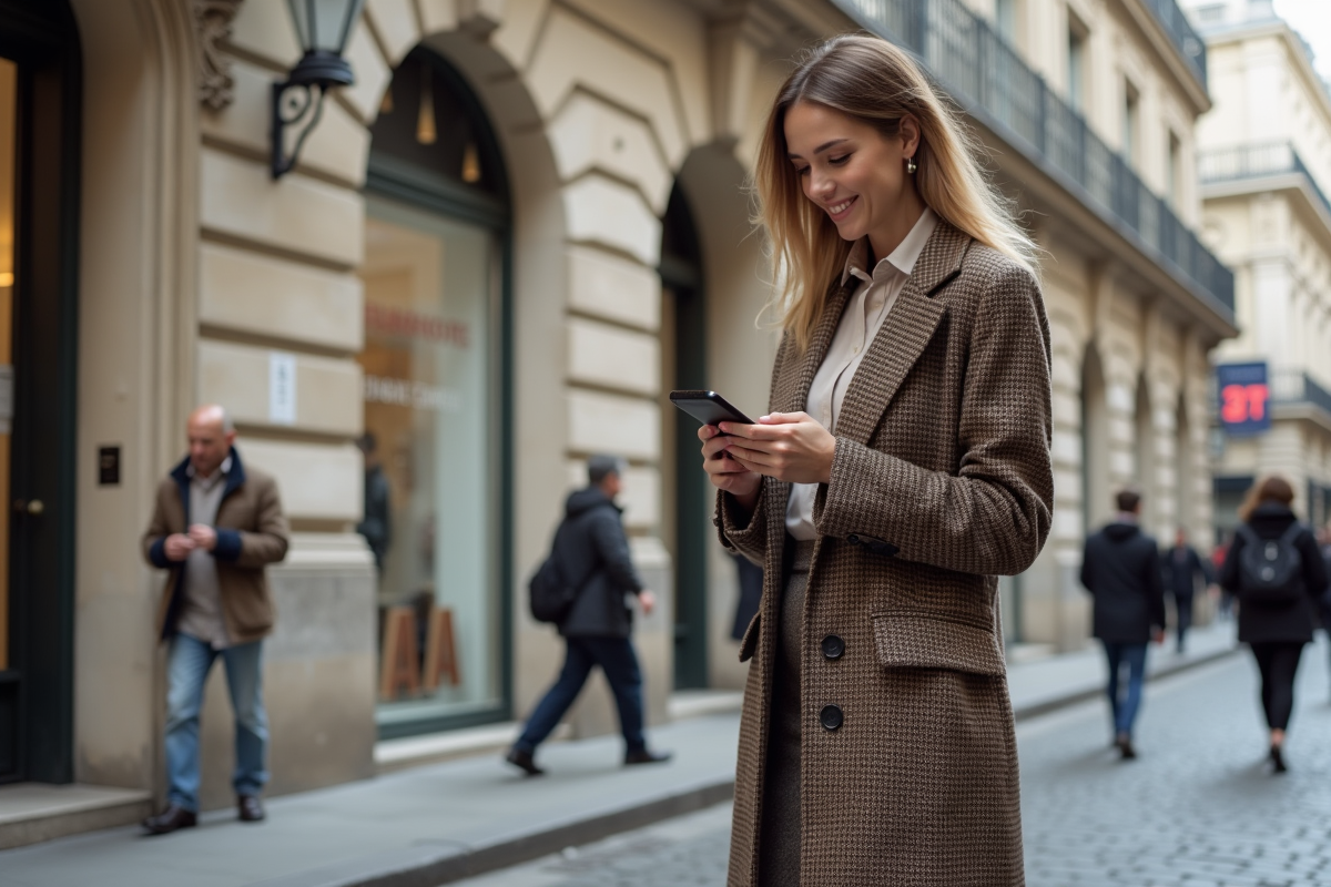 Femme élégante vérifiant son programme mode à Paris