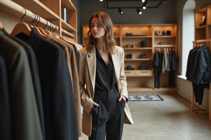 Femme élégante en blazer dans un magasin de mode moderne