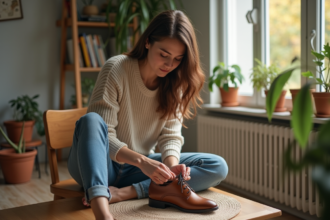 Jeune femme nettoyant des chaussures en cuir dans un salon lumineux