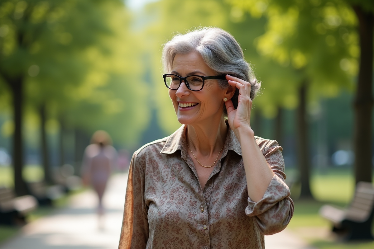 Femme confiante de 70 ans marche dans un parc verdoyant