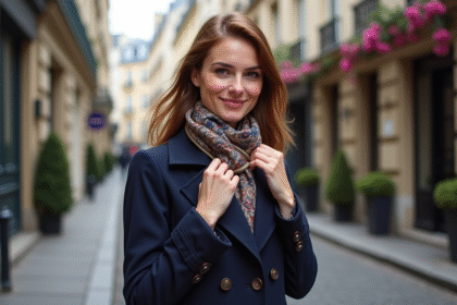 Femme élégante en trench bleu à Paris avec foulard