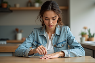 Femme en denim qui ajuste sa bague avec concentration