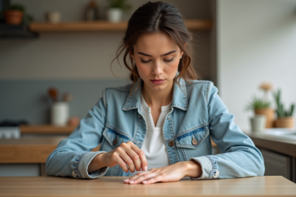 Femme en denim qui ajuste sa bague avec concentration