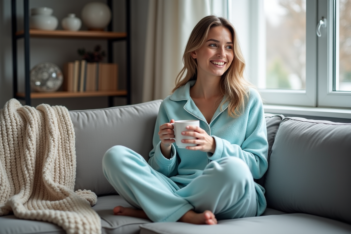 Femme souriante en pyjama bleu dans un salon cosy