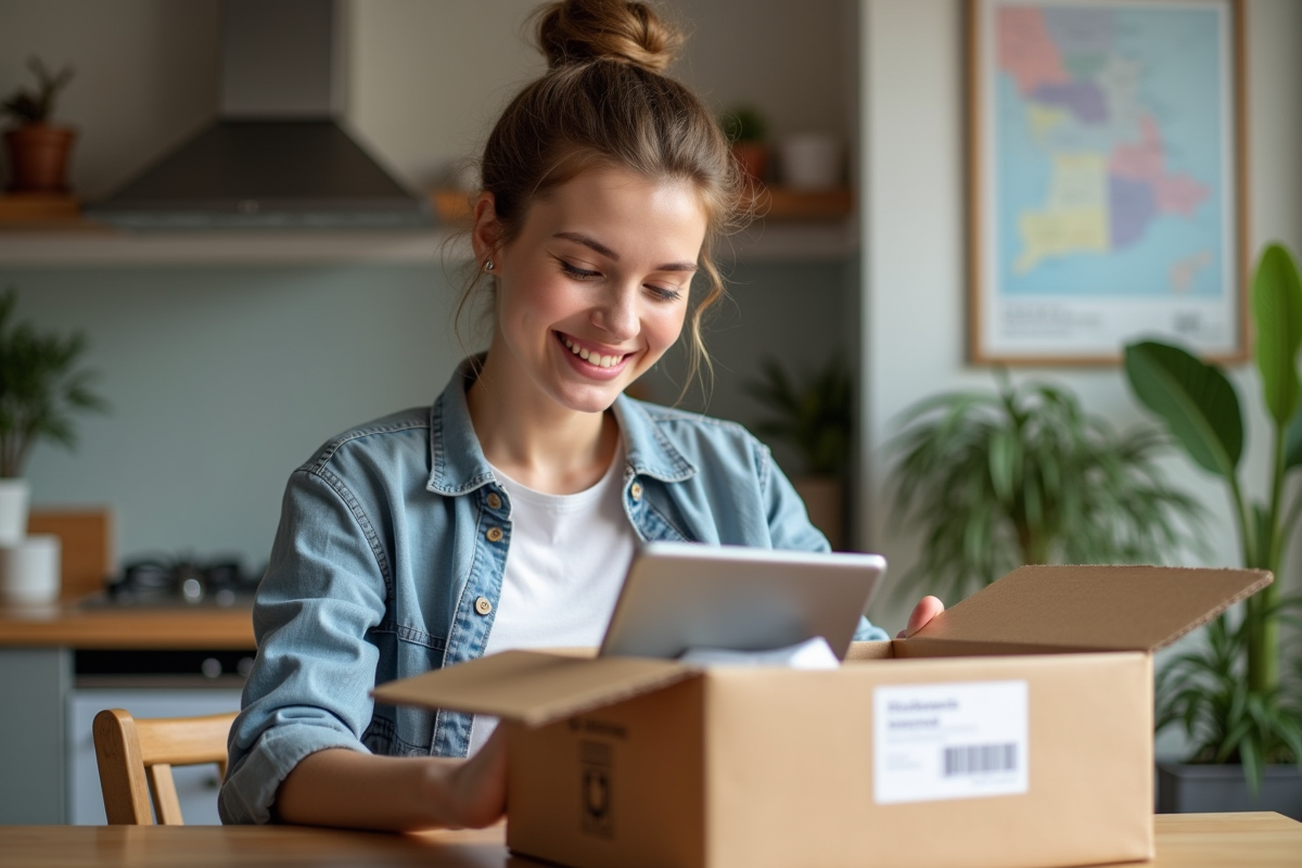 Jeune femme souriante avec un colis dans une cuisine moderne