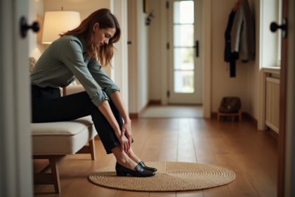 Jeune femme se relaxant après avoir enlevé ses chaussures élégantes