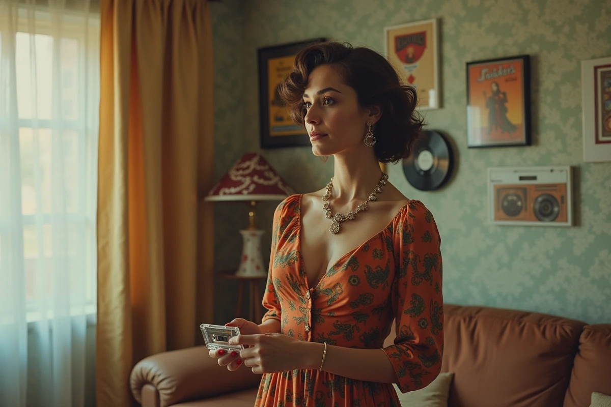 Femme dans un salon rétro avec cassette et vinyles