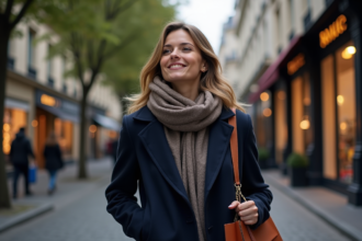 Jeune femme avec sacs à Paris la nuit dans une rue élégante