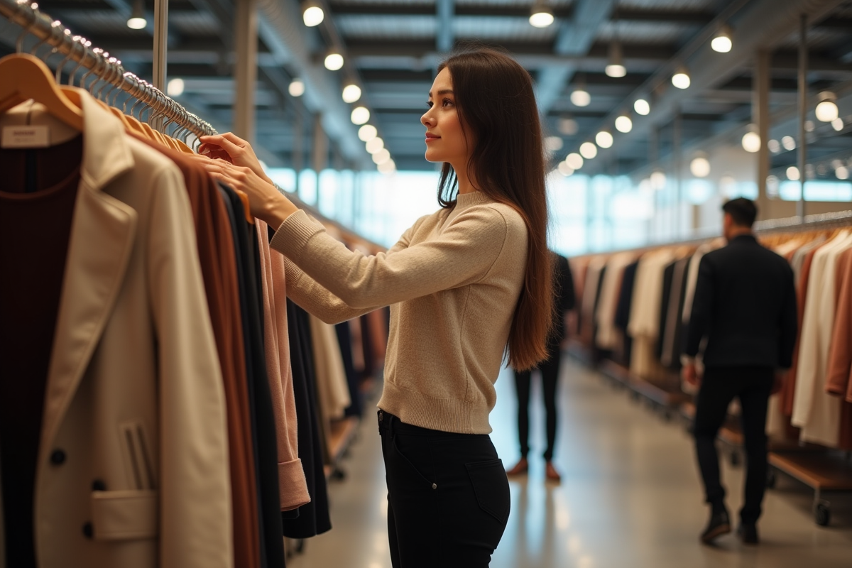 Jeune femme parcourant des vêtements de luxe dans un outlet