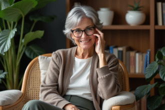 Femme élégante de 70 ans avec cheveux gris courts dans un salon cosy