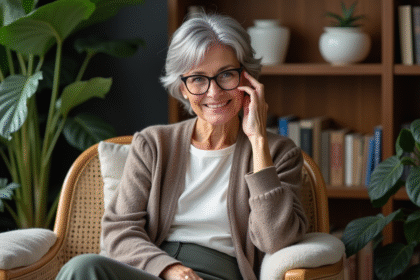 Femme élégante de 70 ans avec cheveux gris courts dans un salon cosy