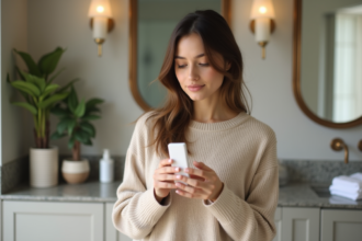 Femme examinant un produit de soin naturel dans sa salle de bain