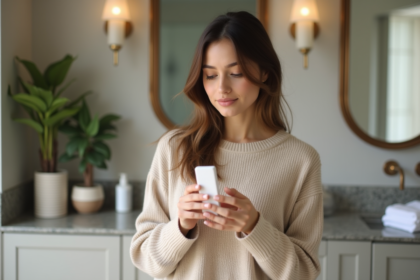 Femme examinant un produit de soin naturel dans sa salle de bain