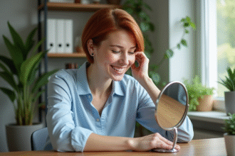 Femme souriante examinant son visage dans un miroir