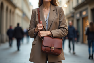 Femme élégante ajustant un sac en cuir en ville
