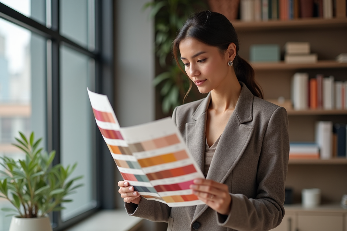 Femme élégante examinant des nuanciers de couleurs Pantone 2025