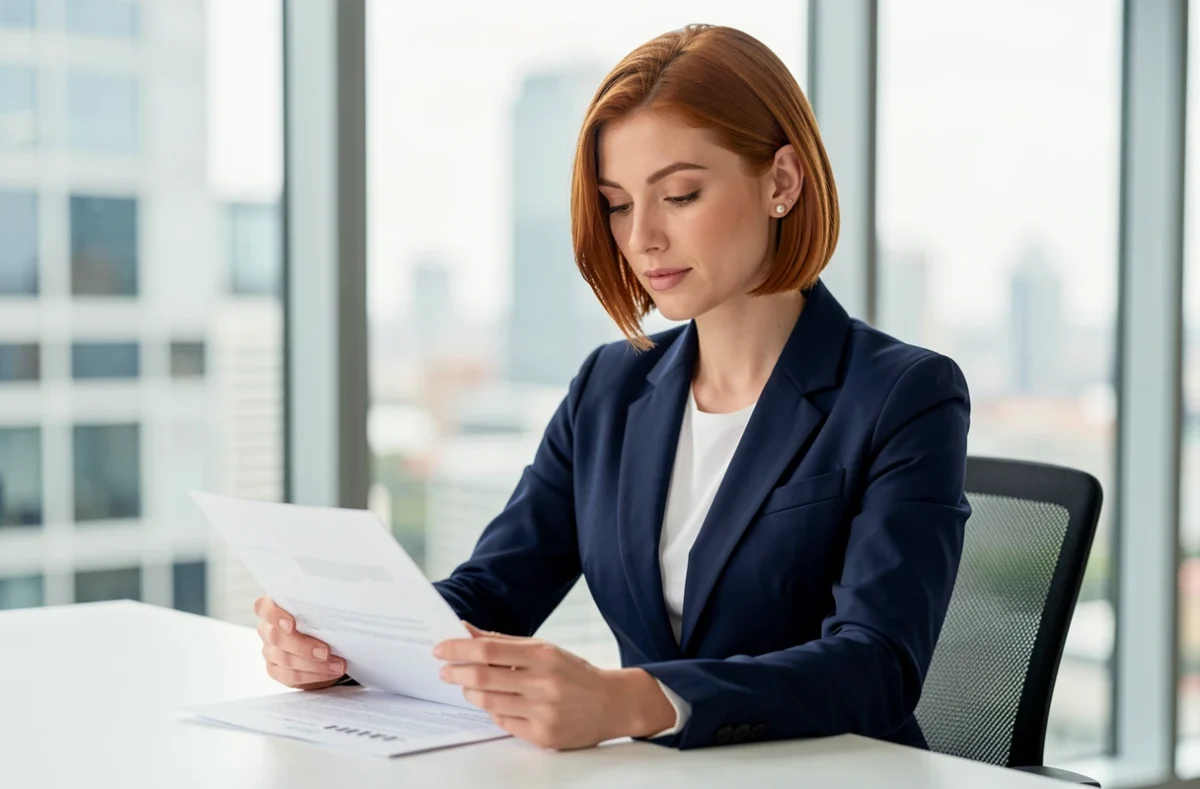Femme élégante coupe au carré court auburn en tailleur bleu marine assise à un bureau minimaliste avec vue sur la ville