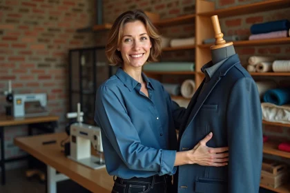 Femme souriante inspectant sa veste dans une boutique à Toulouse