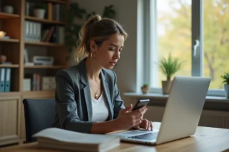 Jeune femme au travail à domicile avec ordinateur et smartphone