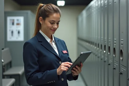Femme en uniforme poste consulte un catalogue digital