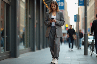 Femme élégante en blazer dans une ville animée
