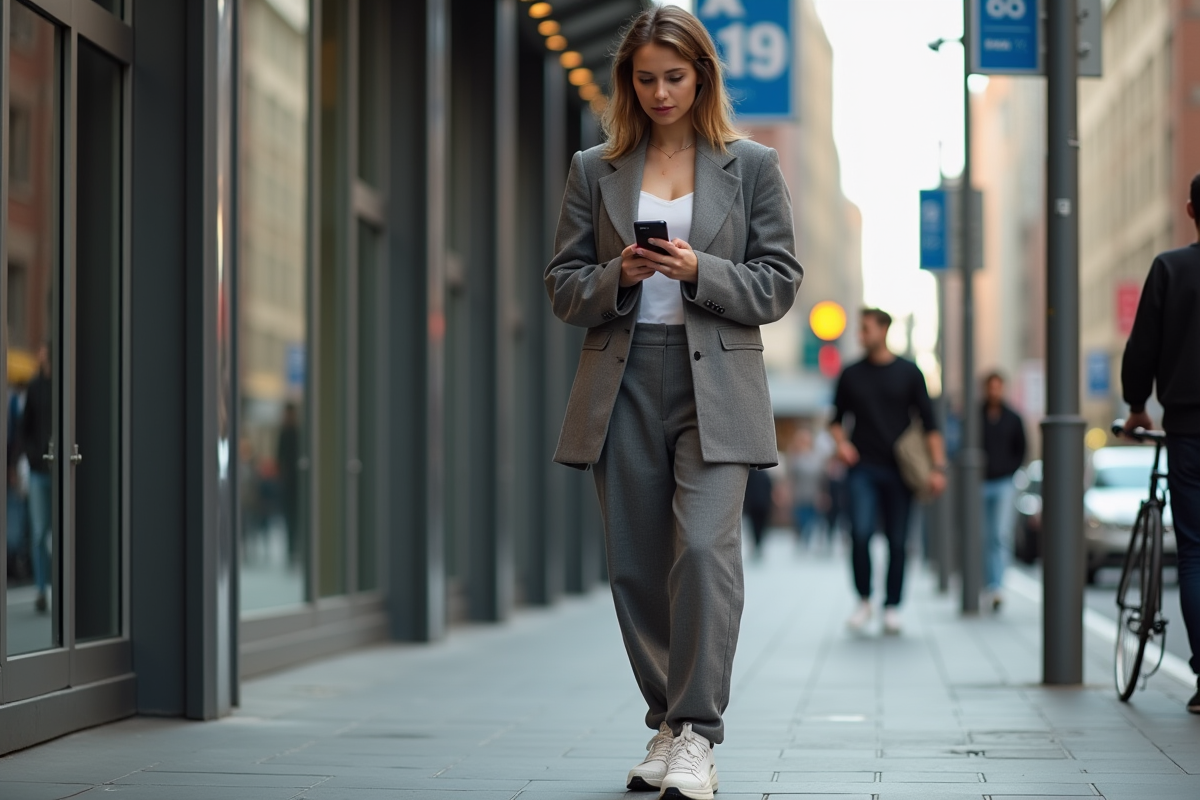 Femme élégante en blazer dans une ville animée