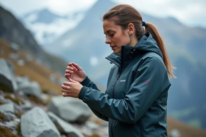 Femme évaluant une veste technique de montagne sur un sentier alpin rocheux avec enneigement partiel