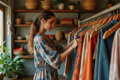 Femme en robe hippie en coton bio teint naturellement parcourant des vêtements éthiques dans une boutique bohème