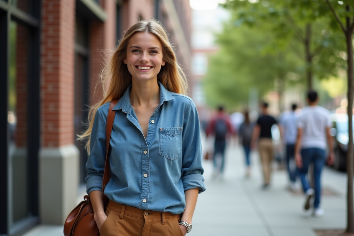 Femme souriante marche dans la ville avec sac à l
