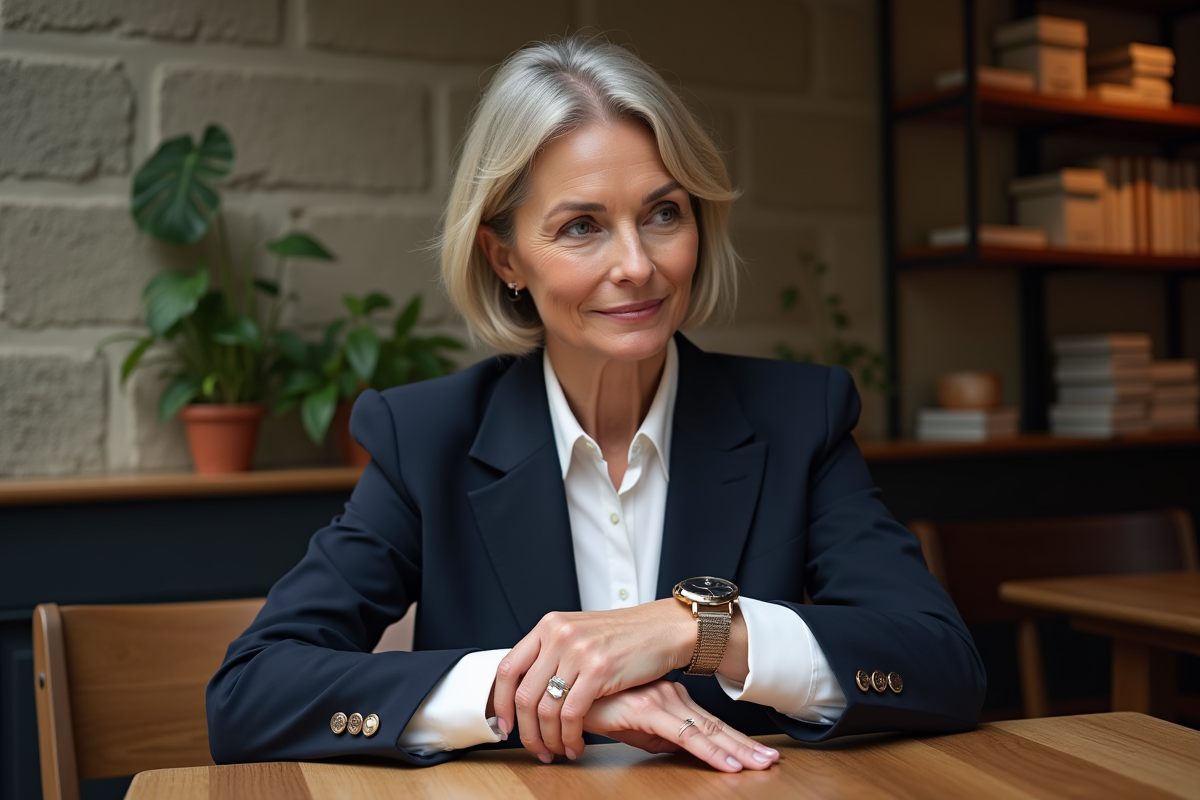 Femme élégante regardant son montre vintage dans un café
