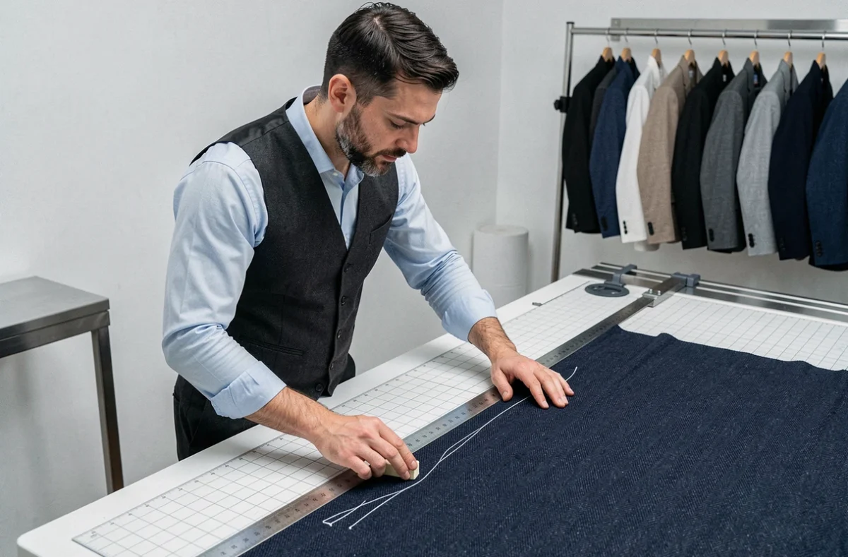 Tailleur de First'On à Laval mesurant un tissu de laine bleu marine sur une grande table de coupe dans un atelier moderne
