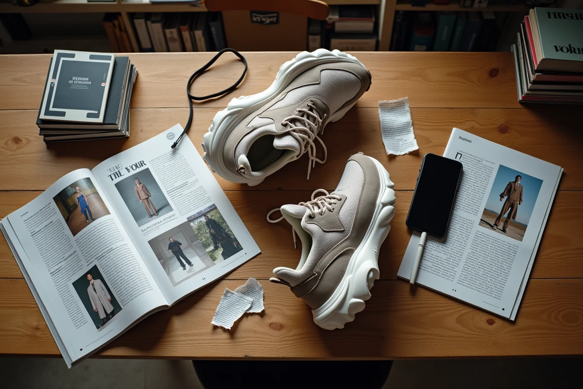 Flat lay éditorial de chaussures Balenciaga oversize entourées de magazines et réseaux sociaux, symbolisant le buzz et la controverse autour du design polarisant