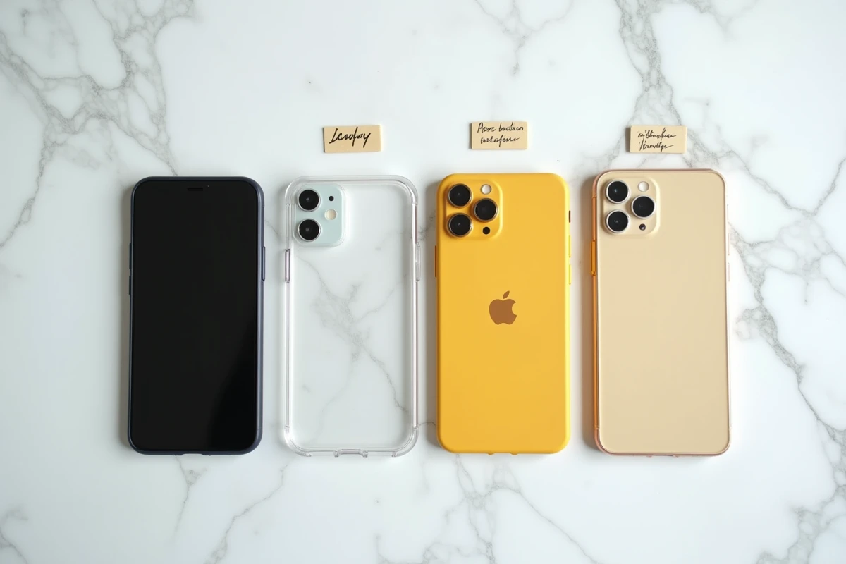 Flat lay de quatre coques de smartphone sur marbre blanc montrant différents stades de jaunissement du plastique