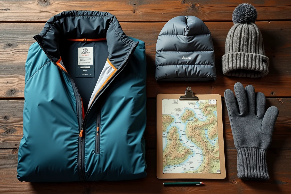 Flat-lay de vêtements de montagne techniques avec notes de comparaison de marques sur fond bois