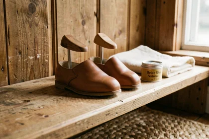 Forme à chaussures en bois insérée dans une paire de chaussures en cuir pour enfants posée sur une étagère en chêne rustique