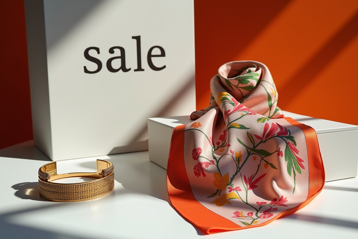 Foulard Hermès coloré sur un présentoir blanc lumineux