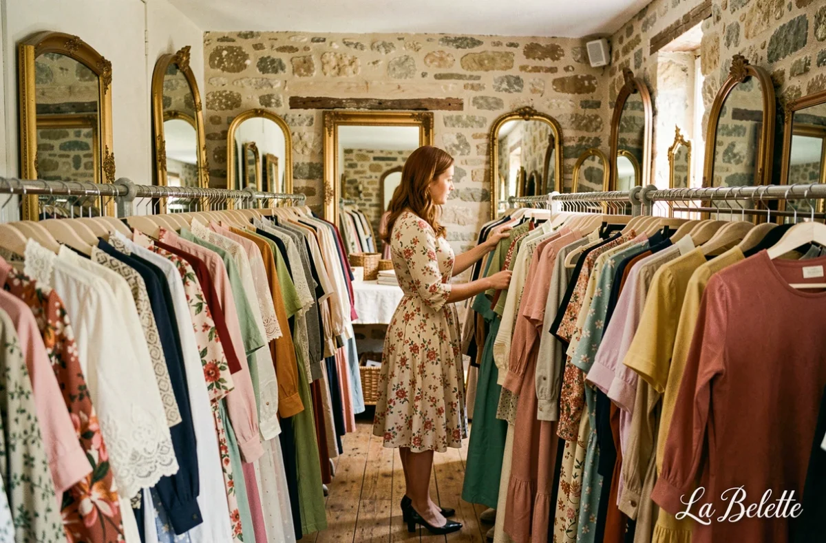 Intérieur de la friperie La Belette avec des vêtements vintage suspendus sur des portants en bois dans une boutique au charme authentique