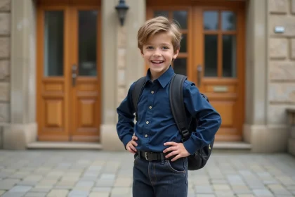 Petit garçon de 5-6 ans en taille 116 devant l'entrée d'une école primaire française, prêt pour sa rentrée scolaire