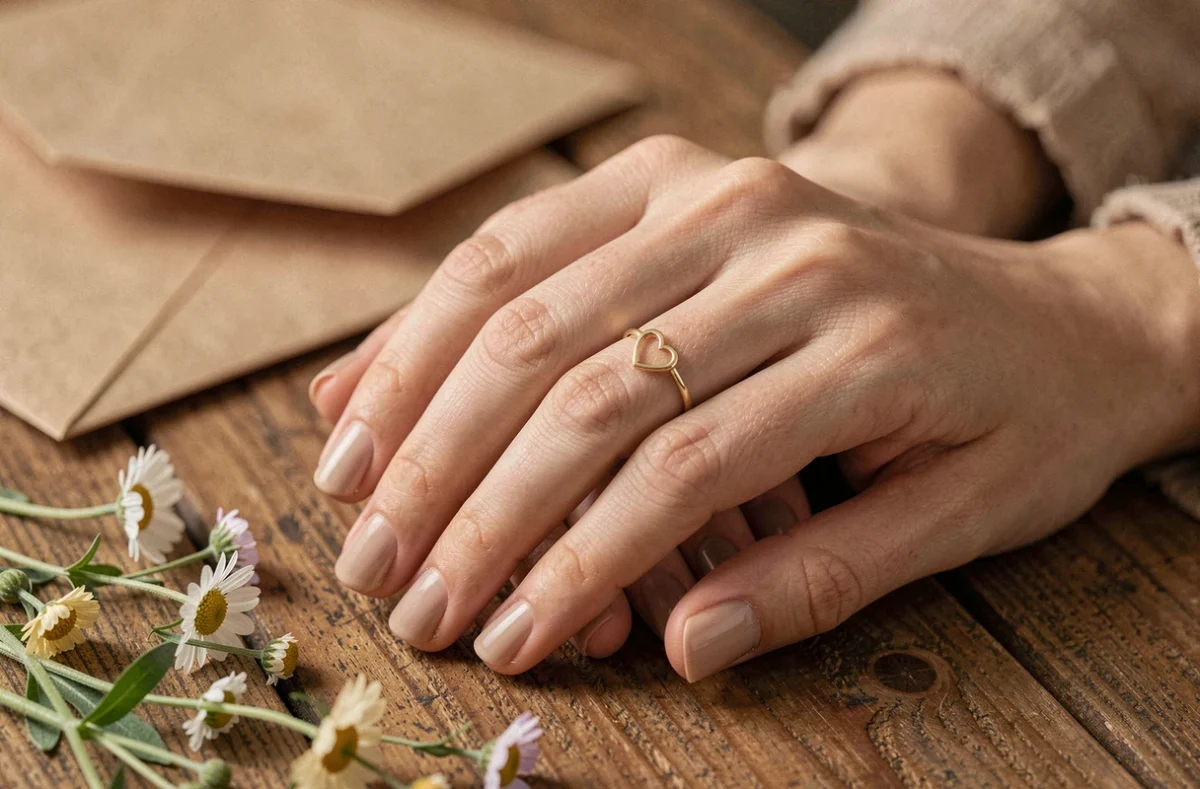 Gros plan sur deux mains portant des bagues amitié cœur dorées posées sur une table en bois rustique avec des fleurs sauvages