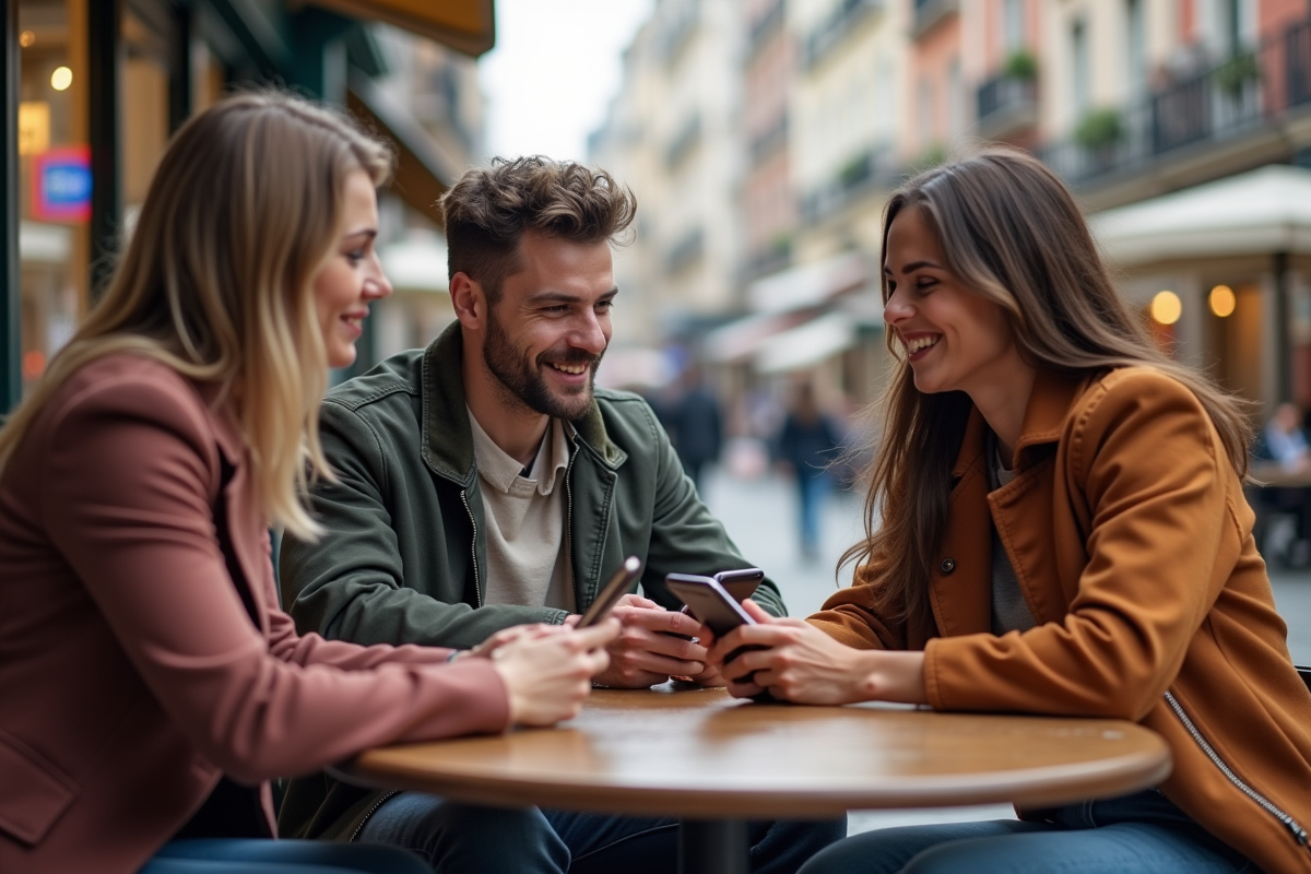 Trois personnes avec smartphones dans une scène urbaine animée