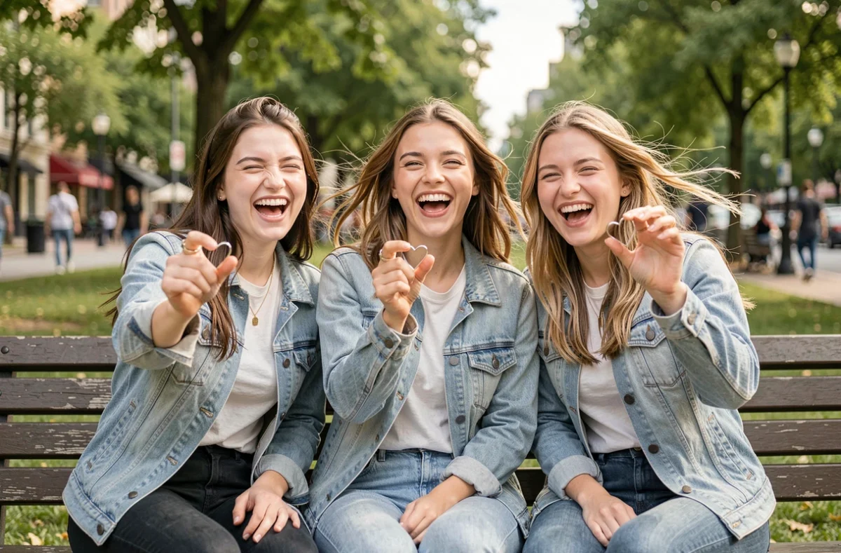 Trois amies riant ensemble dans un parc en montrant leurs bagues amitié cœur BFF assorties, ambiance complice et spontanée