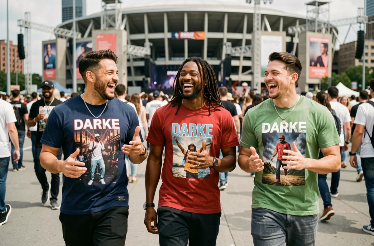 Groupe d'amis portant des t-shirts Drake différents devant un stade lors d'un concert