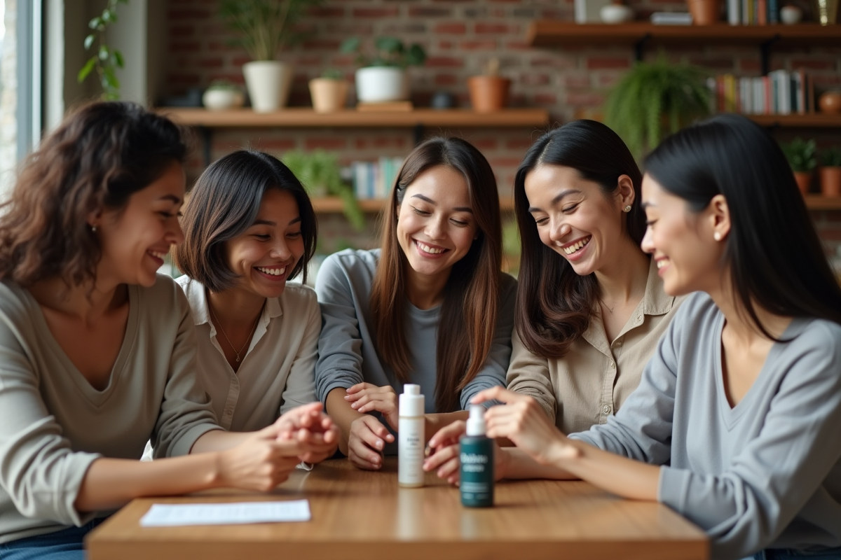 Groupe de personnes testant des soins visage en café