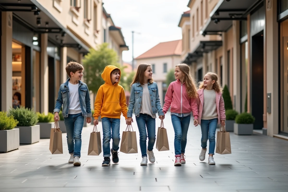 Enfants et adolescents souriants dans une rue commerçante moderne