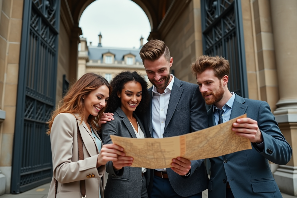 Groupe de passionnés de mode devant un lieu historique